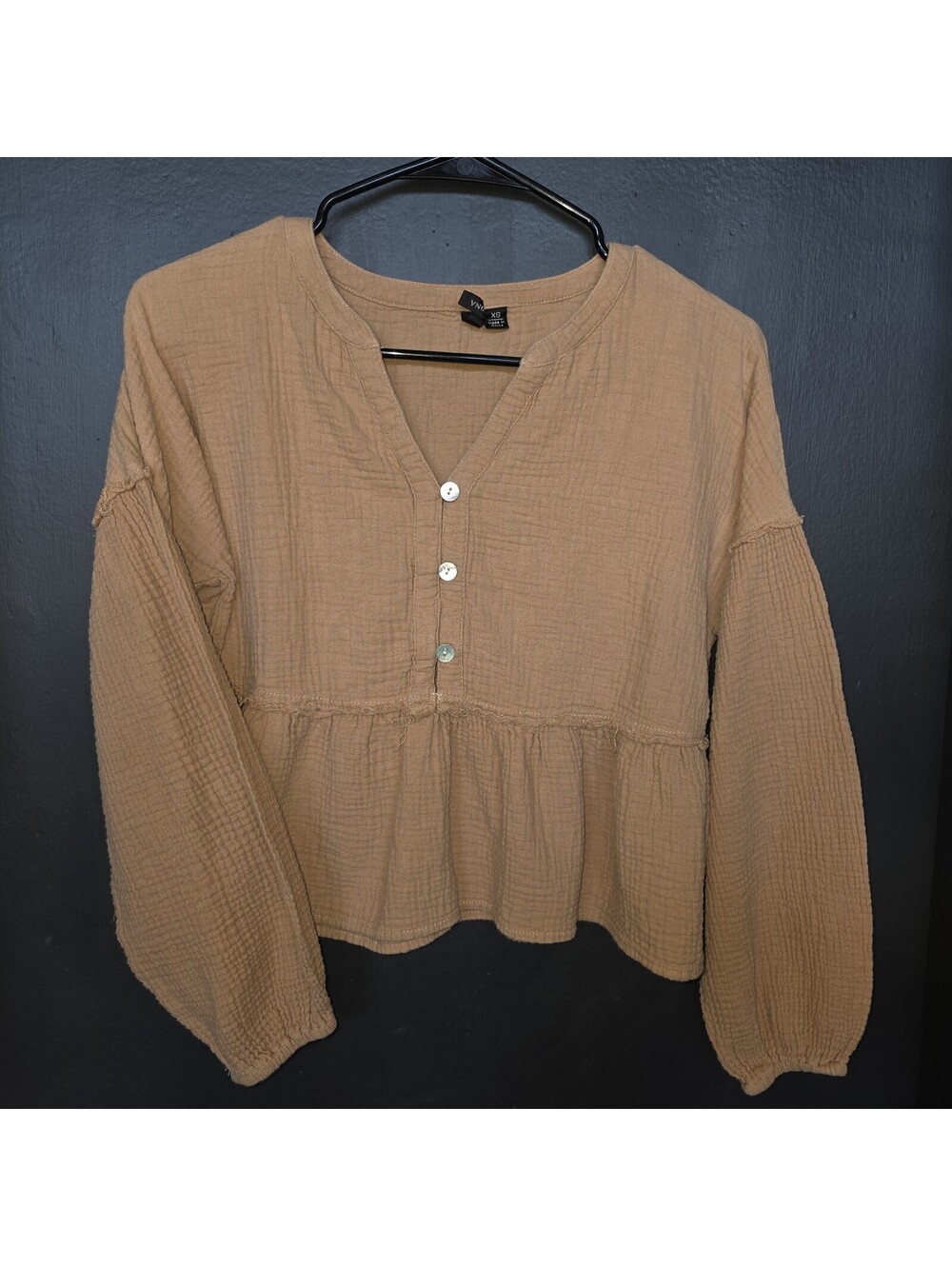 Camel Gauze Peplum Top Boho Oversized Cottagecore Sz XS